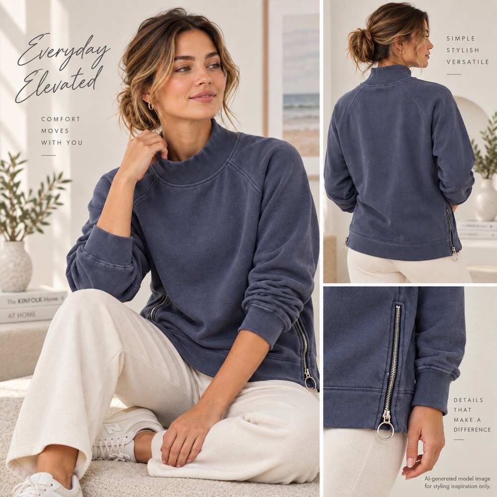 Athleta Cozy Karma Sweatshirt Women's M Blue Side Zip Funnel Neck 510382 Casual
